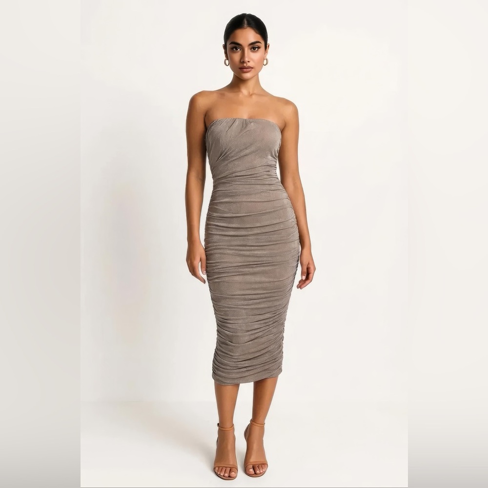 Elegant Strapless Beige Bodycon Midi Dress with Shirring Details and Soft Lining